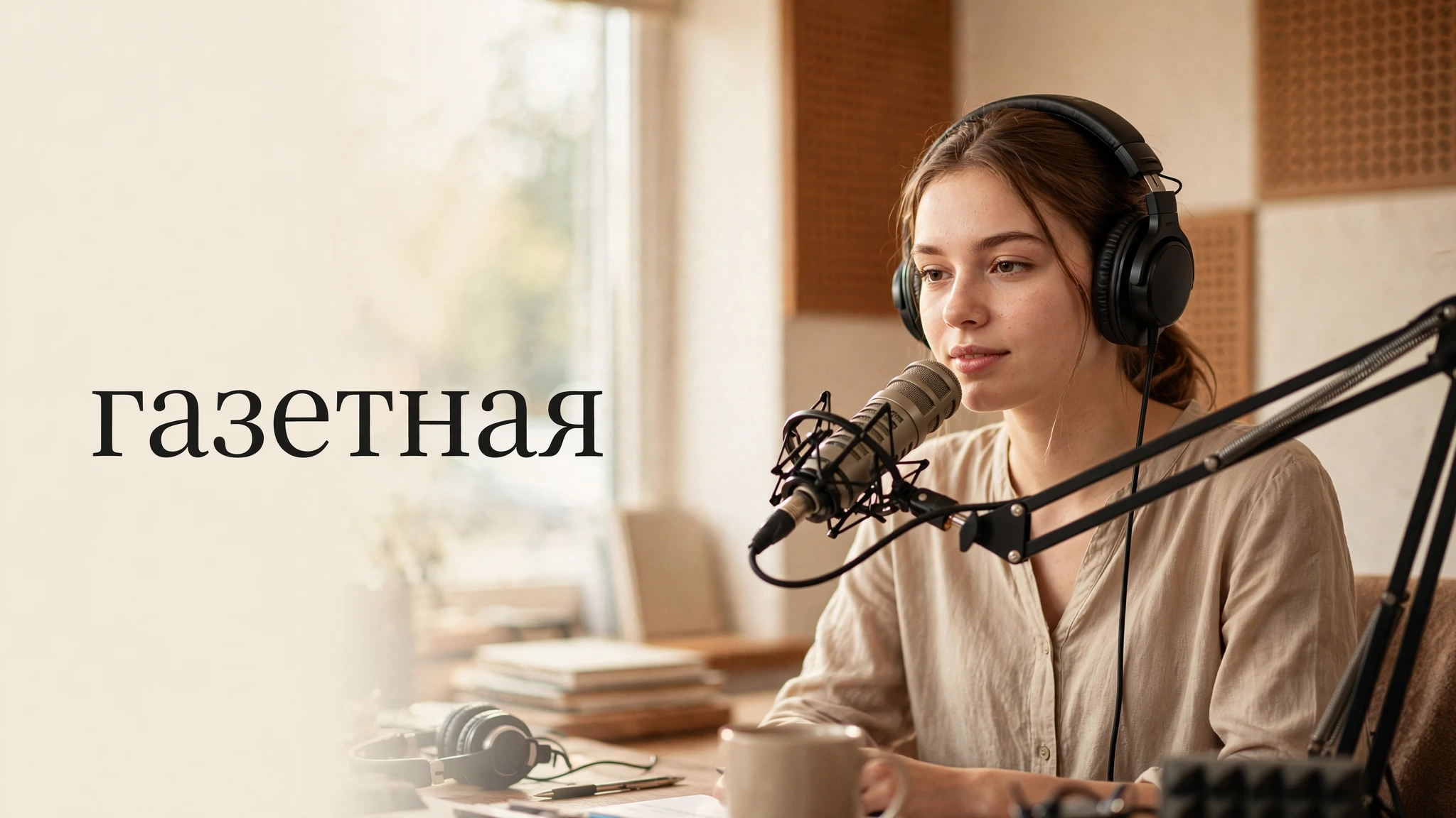 Радиоведущая в наушниках с микрофоном в светлой радиостудии ТОРиНТ
